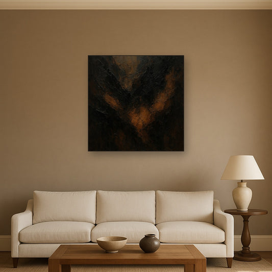 Smoky Topaz & Charred Wood Abstract No. 5 Oil Painting - Styled in Modern Living Room