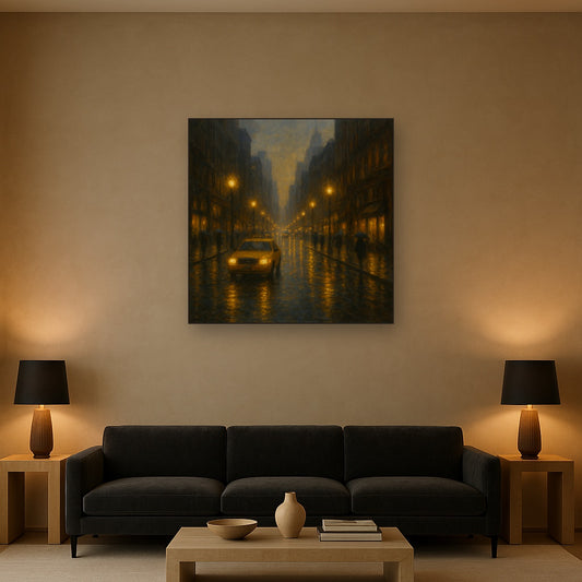 Rain-Drenched Manhattan Avenue Lights No. 26 Oil Painting Staged Above Sectional Sofa in Living Room, Hand Painted Canvas Wall Art for Home Decor