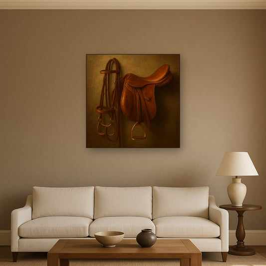 Vintage Bridle & Polished Leather Saddle Oil Painting Staged Above Sectional Sofa in Living Room, Hand Painted Canvas Wall Art for Home Decor
