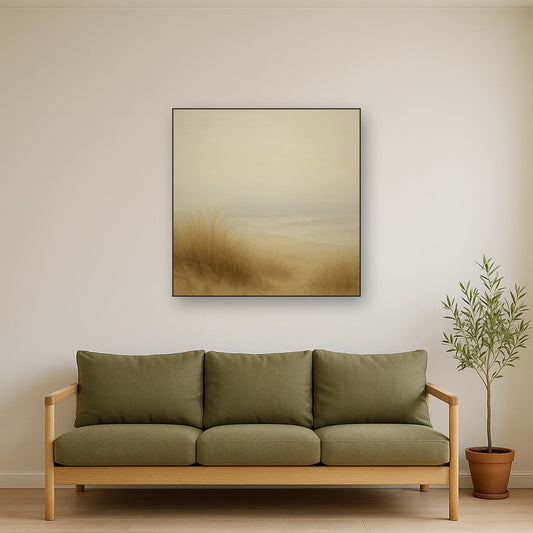 Silent Dune Grass in November Sea Fog No. 13 Oil Painting Staged Above Sectional Sofa in Living Room, Hand Painted Canvas Wall Art for Home Decor