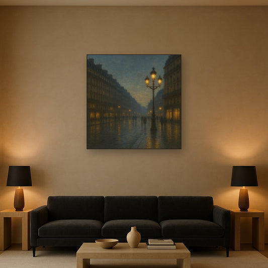 Rainy Parisian Boulevard at Twilight No. 27 Oil Painting Staged Above Sectional Sofa in Living Room, Hand Painted Canvas Wall Art for Home Decor