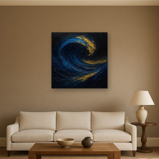 Imperial Sapphire & Midnight Wave No. 2 Oil Painting - Styled in Modern Living Room