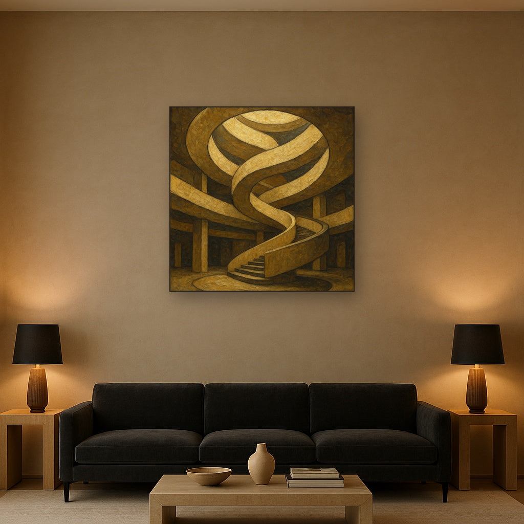 Travertine Spiral Atrium Perspective No. 4 Oil Painting - Styled in Modern Living Room