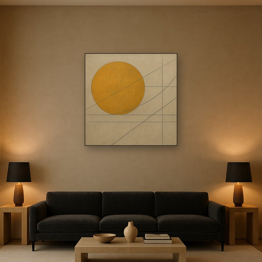 Abstract Tangent Lines & Earthy Ochre Disc No. 23 Oil Painting Staged Above Sectional Sofa in Living Room, Hand Painted Canvas Wall Art for Home Decor