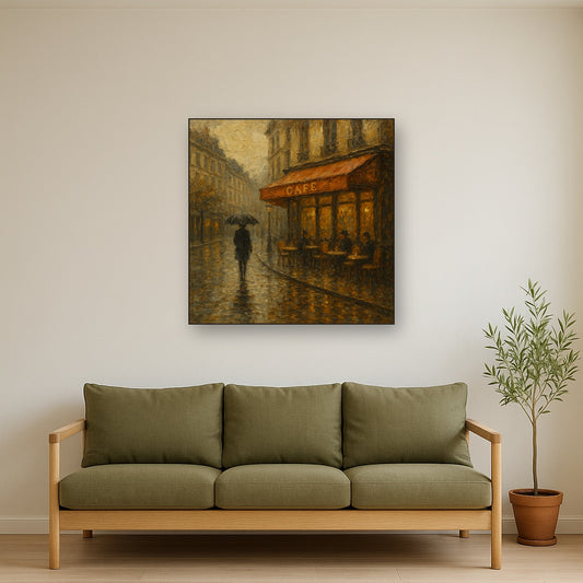 Parisian Cafe Rain Reflections No. 2 Oil Painting - Styled in Modern Living Room