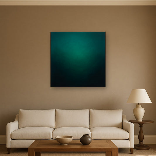 Midnight Teal & Deep Malachite Gradient No. 14 Oil Painting Staged Above Sectional Sofa in Living Room, Hand Painted Canvas Wall Art for Home Decor