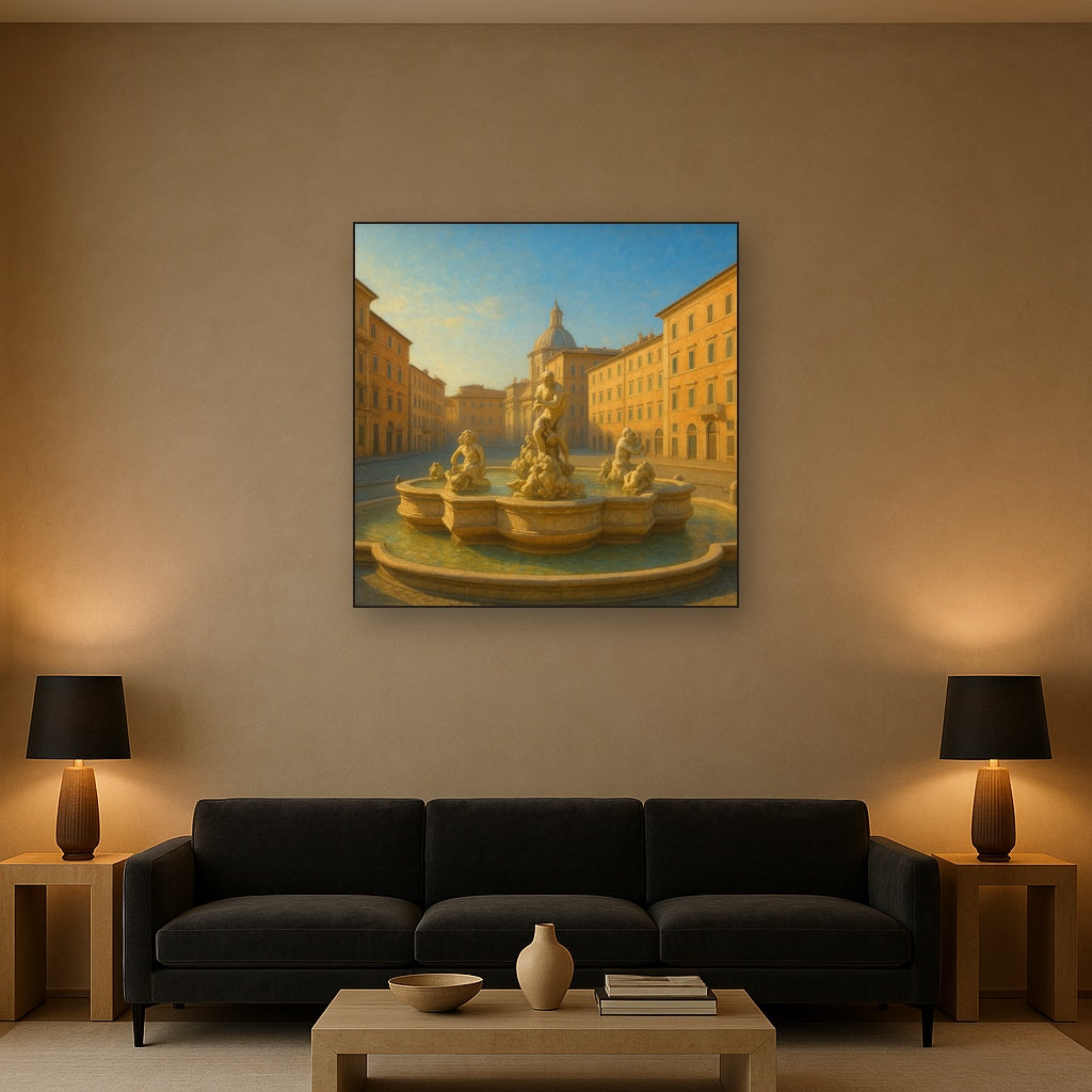 Rome Piazza Fountain in Morning Sunlight No. 10 Oil Painting - View 2