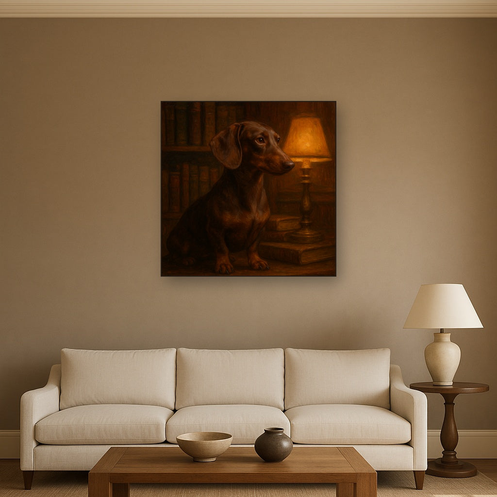 Smooth Dachshund in Moody Library Study No. 11 Fine Art Oil Painting - View 2