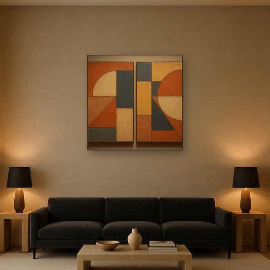 Mid-Century Geometric Duet No. 2 Oil Painting - Styled in Modern Living Room