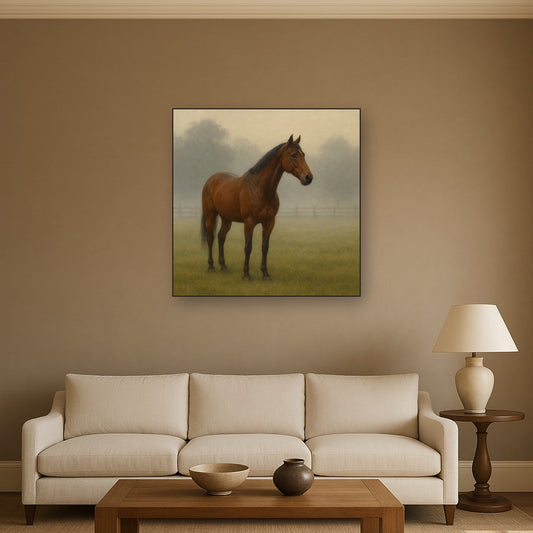 Thoroughbred in Morning Pasture Mist No. 19 Oil Painting Staged Above Sectional Sofa in Living Room, Hand Painted Canvas Wall Art for Home Decor
