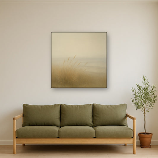 Silent Dune Grass in November Sea Fog No. 11 Oil Painting Staged Above Sectional Sofa in Living Room, Hand Painted Canvas Wall Art for Home Decor