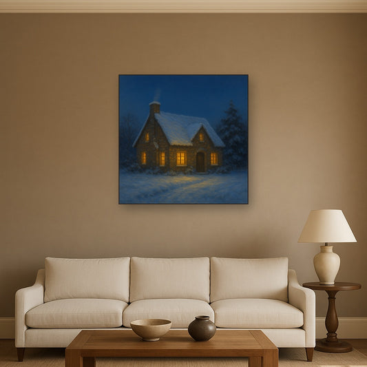 Snow-Dusted Stone Cottage at Twilight No. 8 Oil Painting Staged Above Sectional Sofa in Living Room, Hand Painted Canvas Wall Art for Home Decor