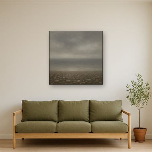 Overcast Coastal Fog & Wet Pebble Shingle No. 4 Oil Painting Staged Above Sectional Sofa in Living Room, Hand Painted Canvas Wall Art for Home Decor