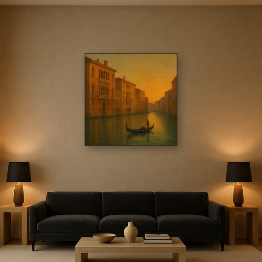 Venetian Canal Palaces at Golden Hour No. 10 Oil Painting Staged Above Sectional Sofa in Living Room, Hand Painted Canvas Wall Art for Home Decor