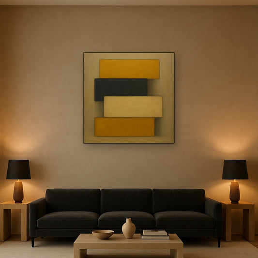 Stacked Horizon Blocks in Mustard & Charcoal No. 15 Oil Painting - View 2