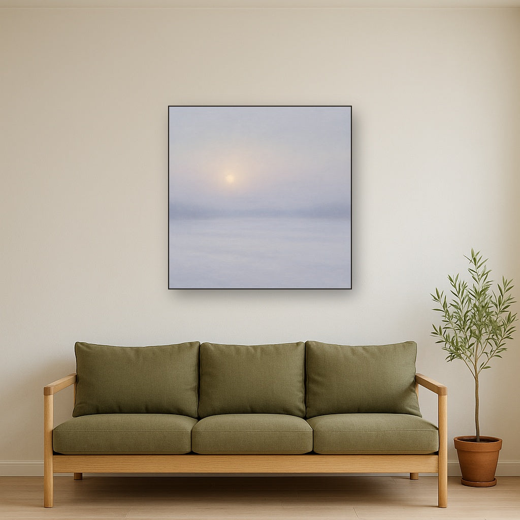 Winter Dawn Frost & Pale Silver Light No. 7 Oil Painting Staged Above Sectional Sofa in Living Room, Hand Painted Canvas Wall Art for Home Decor