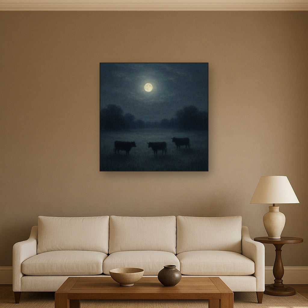 Moonlit Pastoral Meadow & Cattle Silhouettes No. 2 Oil Painting - View 2