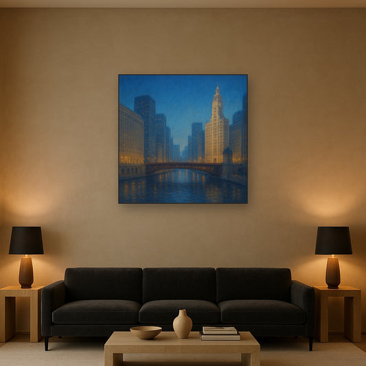 Chicago Riverfront Architecture at Blue Hour No. 8 Oil Painting - View 2