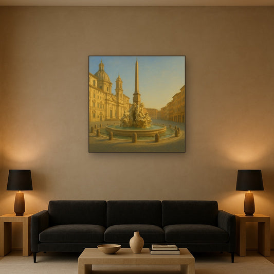 Rome Piazza Fountain in Morning Sunlight No. 16 Oil Painting Staged Above Sectional Sofa in Living Room, Hand Painted Canvas Wall Art for Home Decor