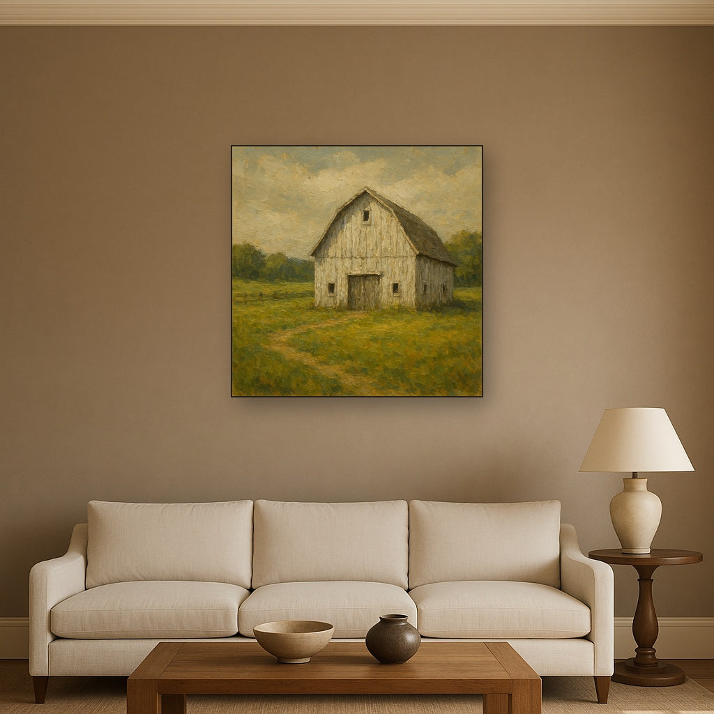 Weathered White Barn & Pasture No. 3 Oil Painting - Styled in Modern Living Room