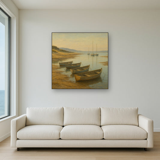 Quiet Fishing Harbor at Morning Low Tide Oil Painting Staged Above Sectional Sofa in Living Room, Hand Painted Canvas Wall Art for Home Decor