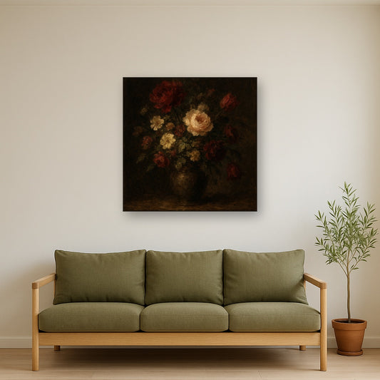 Dutch Golden Age Moody Floral Still Life No. 5 Oil Painting - Styled in Modern Living Room