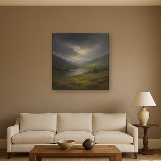 Highland Valley Storm Clearing No. 9 Oil Painting Staged Above Sectional Sofa in Living Room, Hand Painted Canvas Wall Art for Home Decor