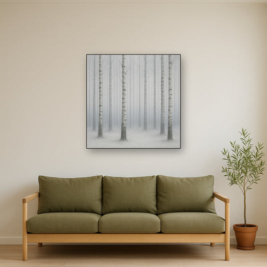 Pale Birch Woodland Silhouette in Whiteout No. 13 Oil Painting - View 2