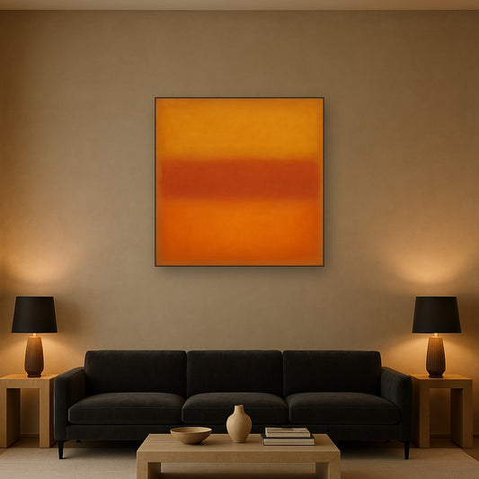 Luminous Ochre & Terracotta Horizon Color Field No. 27 Oil Painting Staged Above Sectional Sofa in Living Room, Hand Painted Canvas Wall Art for Home Decor