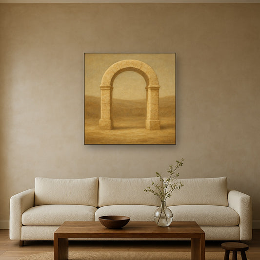 Travertine Stone Arch & Earth Tones No. 28 Oil Painting Staged Above Sectional Sofa in Living Room, Hand Painted Canvas Wall Art for Home Decor