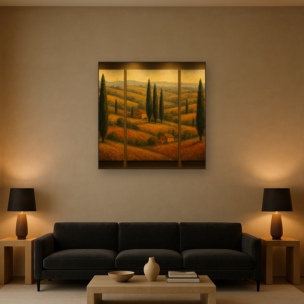 Tuscan Cypress Panorama Triptych Oil Painting - Styled in Modern Living Room