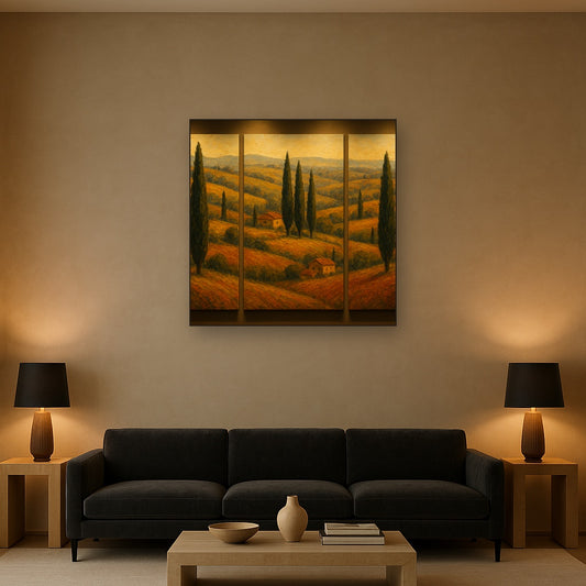Tuscan Cypress Panorama Triptych Oil Painting - Styled in Modern Living Room