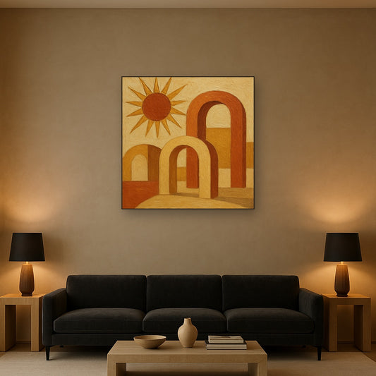 Mid-Century Terracotta Sun & Arches No. 5 Oil Painting - Styled in Modern Living Room