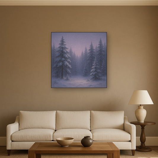 Quiet Pine Forest in Gentle Twilight Snow No. 10 Oil Painting Staged Above Sectional Sofa in Living Room, Hand Painted Canvas Wall Art for Home Decor