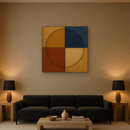 Bauhaus Quadrant Harmony in Primary Earth Tones No. 4 Oil Painting Staged Above Sectional Sofa in Living Room, Hand Painted Canvas Wall Art for Home Decor