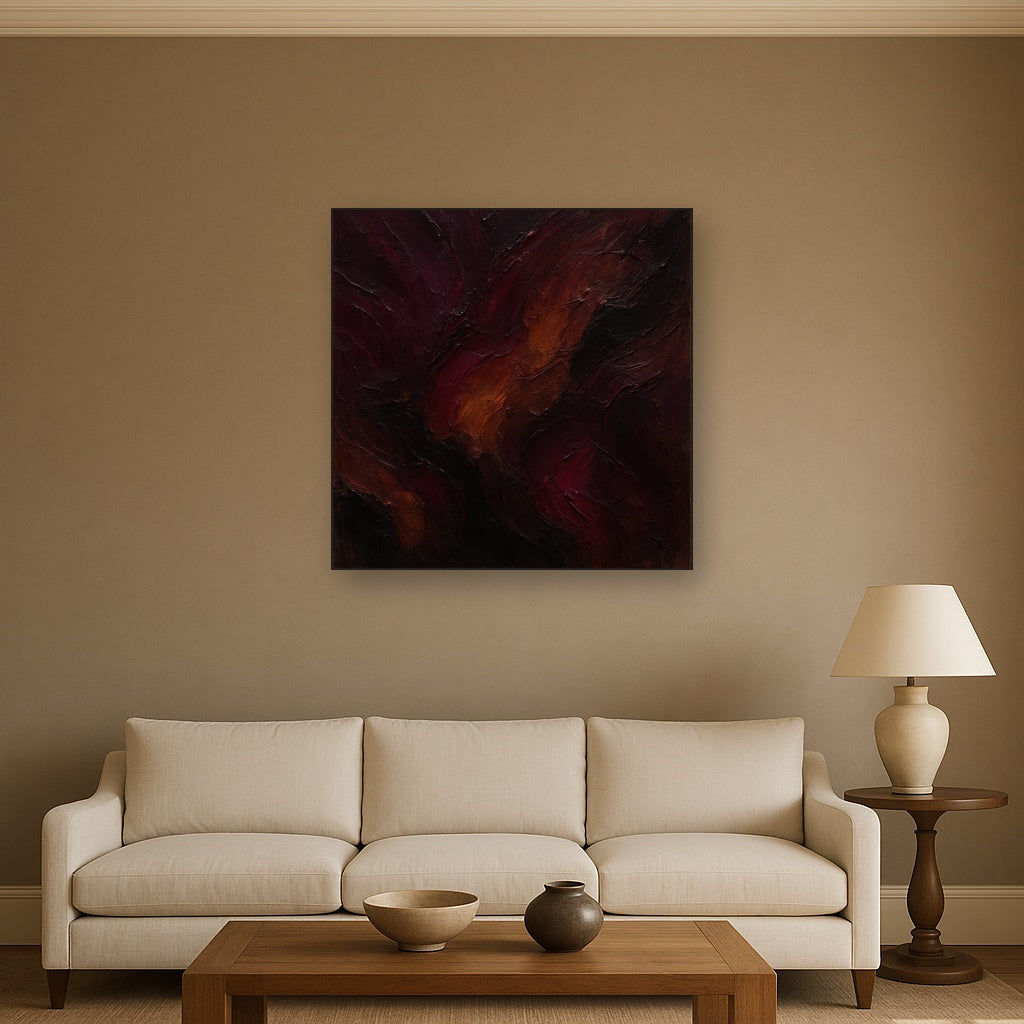 Rich Burgundy Plum & Velvet Amber No. 3 Oil Painting Staged Above Sectional Sofa in Living Room, Hand Painted Canvas Wall Art for Home Decor