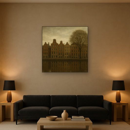 Amsterdam Canal Houses Under Overcast Sky No. 2 Oil Painting Staged Above Sectional Sofa in Living Room, Hand Painted Canvas Wall Art for Home Decor