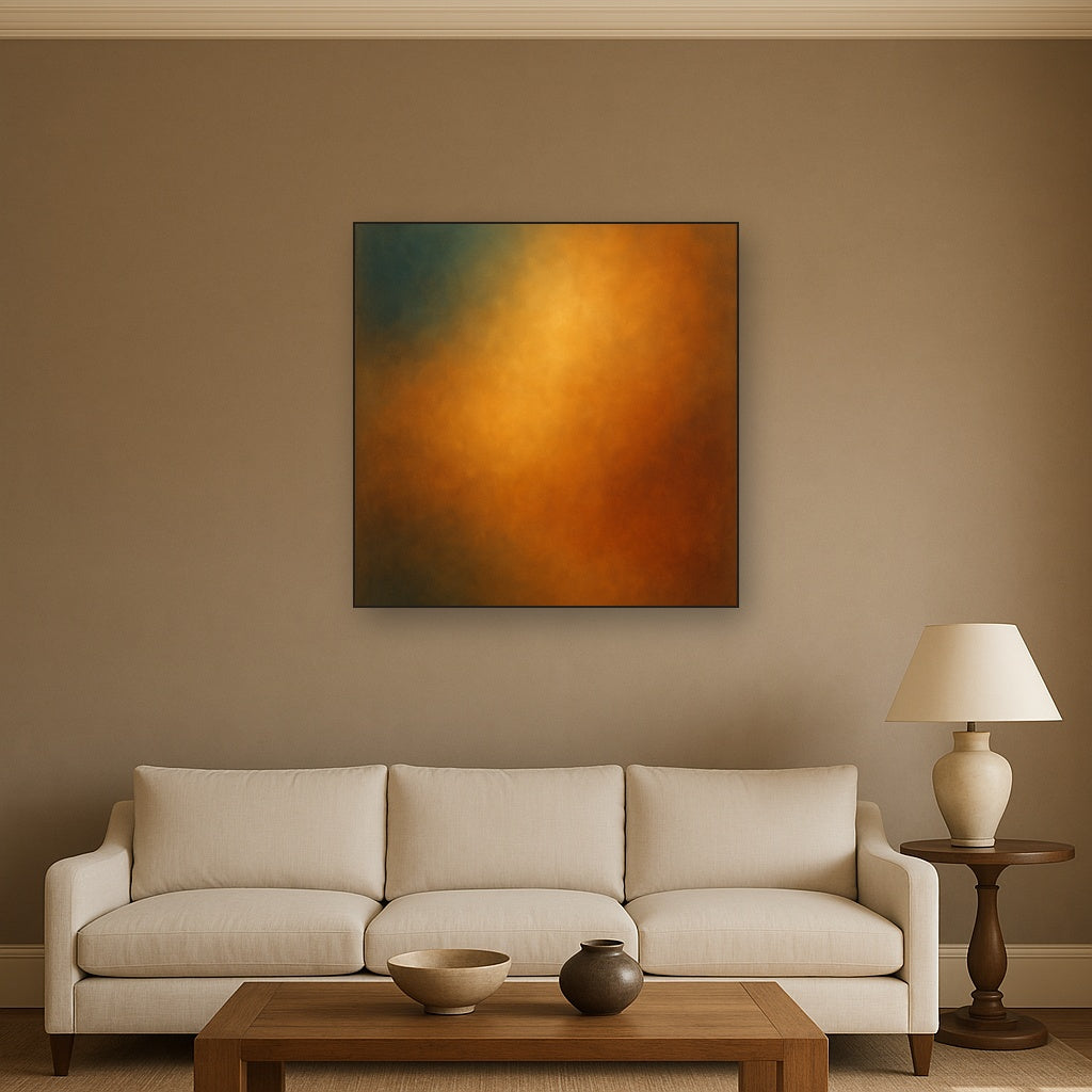 Deep Topaz & Spiced Terracotta Glow No. 8 Oil Painting Staged Above Sectional Sofa in Living Room, Hand Painted Canvas Wall Art for Home Decor
