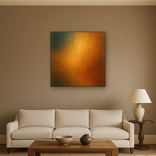 Deep Topaz & Spiced Terracotta Glow No. 8 Oil Painting Staged Above Sectional Sofa in Living Room, Hand Painted Canvas Wall Art for Home Decor