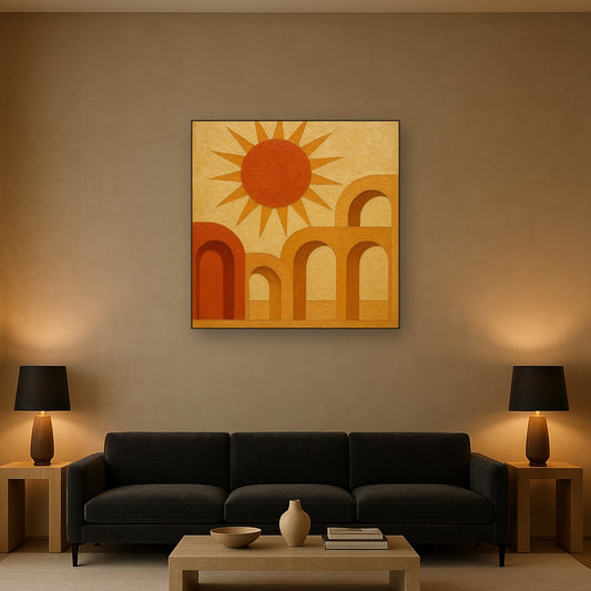 Mid-Century Terracotta Sun & Arches No. 7 Oil Painting - Styled in Modern Living Room