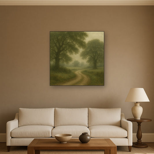 Misty English Countryside Lane Oil Painting Staged Above Sectional Sofa in Living Room, Hand Painted Canvas Wall Art for Home Decor