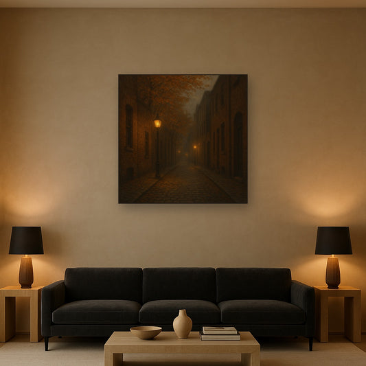 London Gaslamp Alley in Autumn Dusk No. 11 Oil Painting Staged Above Sectional Sofa in Living Room, Hand Painted Canvas Wall Art for Home Decor