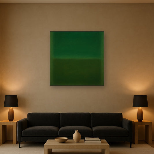 Forest Emerald & Deep Moss Contemplative Field No. 16 Oil Painting Staged Above Sectional Sofa in Living Room, Hand Painted Canvas Wall Art for Home Decor