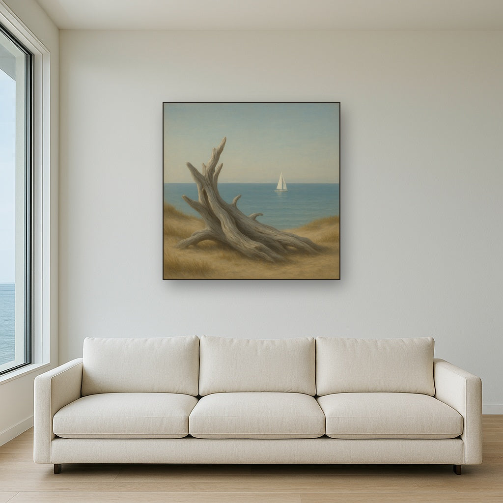 Sun-Bleached Driftwood & Distant Sailboat No. 13 Oil Painting - View 2