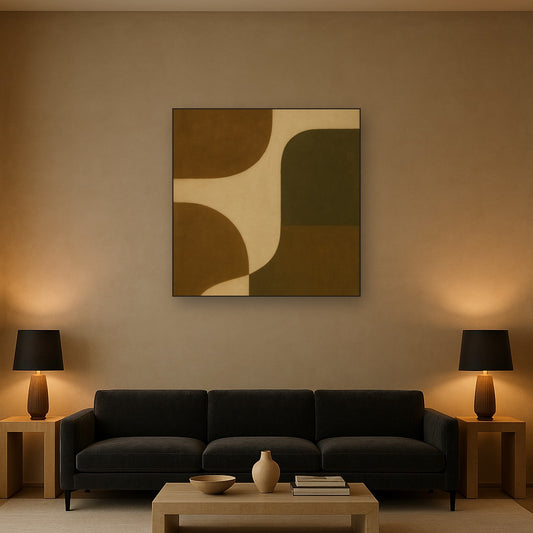 Minimalist Asymmetrical Balance in Raw Umber No. 12 Oil Painting Staged Above Sectional Sofa in Living Room, Hand Painted Canvas Wall Art for Home Decor