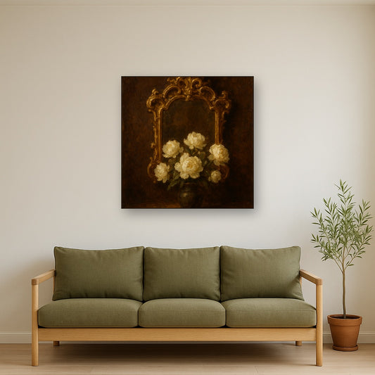Baroque Gilded Mirror & Peonies No. 2 Oil Painting - Styled in Modern Living Room