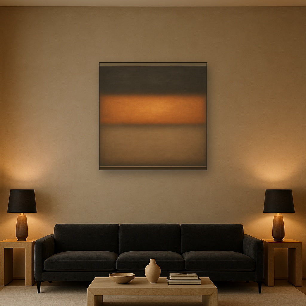 Charcoal Slate & Burnished Copper Horizon No. 8 Oil Painting Staged Above Sectional Sofa in Living Room, Hand Painted Canvas Wall Art for Home Decor