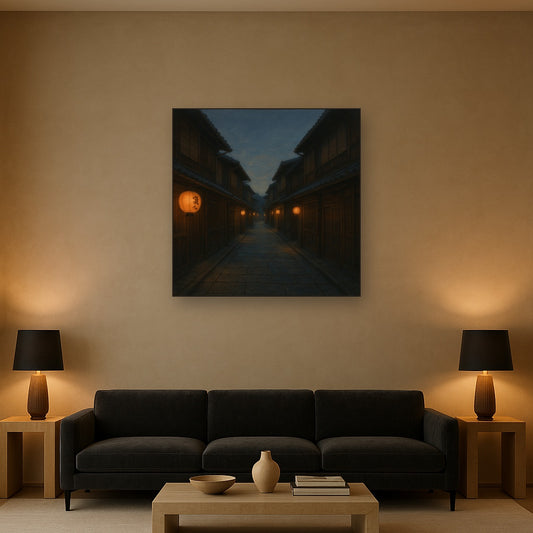 Old Kyoto Gion Alley in Soft Lantern Light No. 25 Oil Painting Staged Above Sectional Sofa in Living Room, Hand Painted Canvas Wall Art for Home Decor