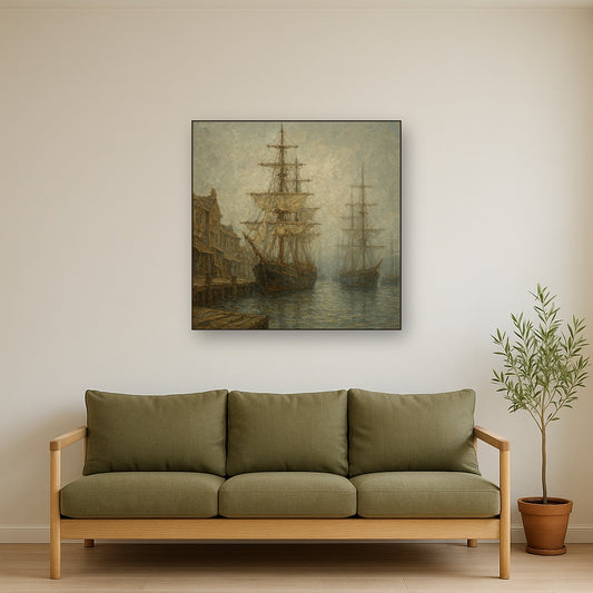 Old World Maritime Harbor & Tall Ships No. 3 Oil Painting - Styled in Modern Living Room