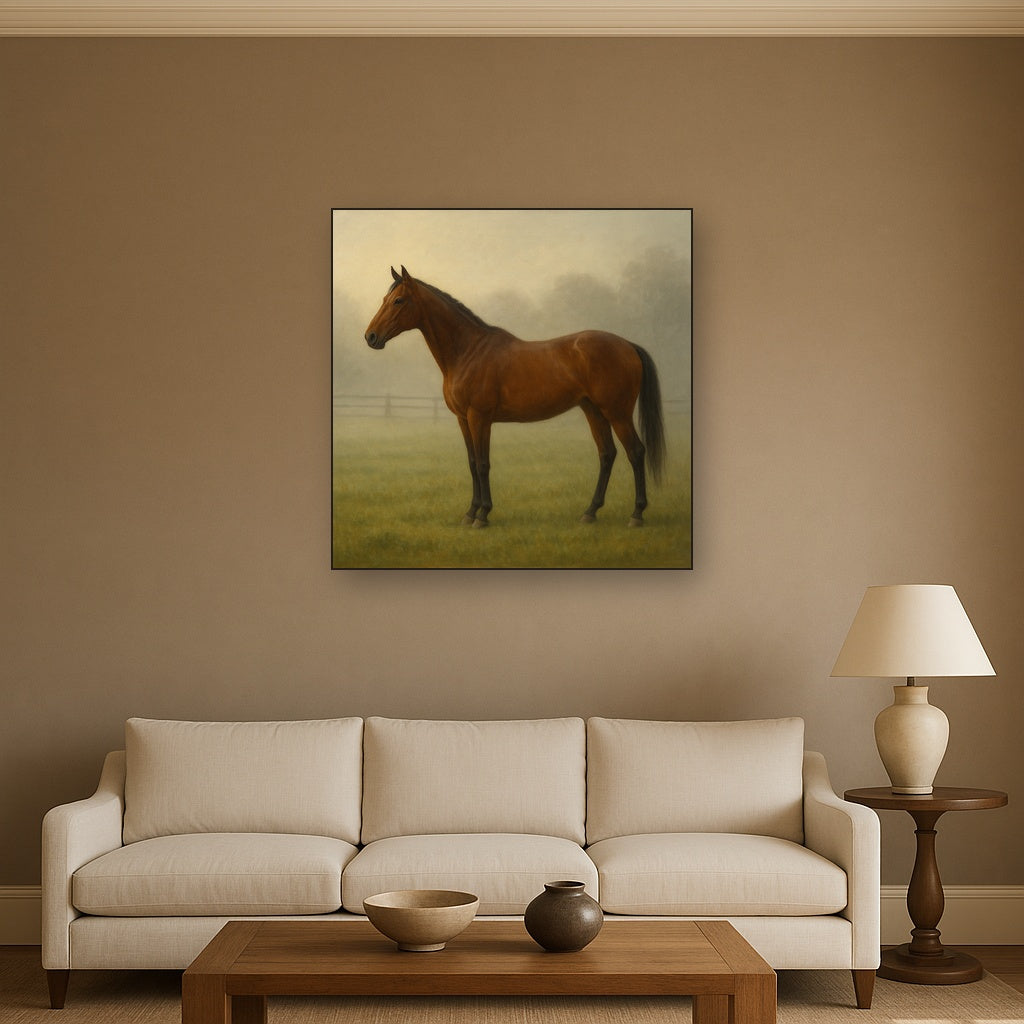 Thoroughbred in Morning Pasture Mist No. 10 Oil Painting - View 2
